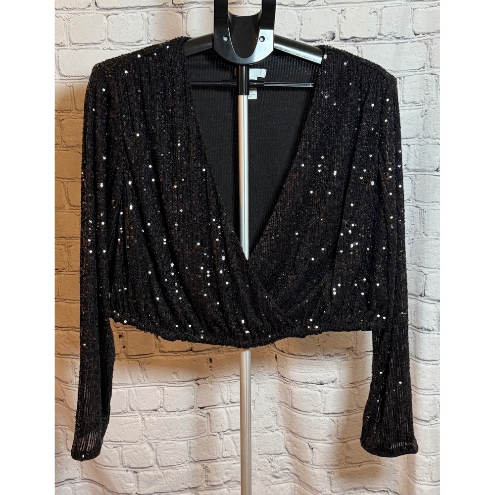 HM Black Sequin Wrap Crop Top Long Sleeve V-Neck Blouse XL